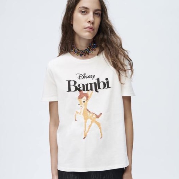 Zara Tops - DISNEY ZARA BAMBI DEER EMBROIDERED CLASSICS WHITE T-SHIRT MEDIUM